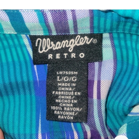 Wrangler Retro Teal & Purple Western Bell Sleeve Southern Pearl Snap Shirt, SZ L - Picture 5 of 6